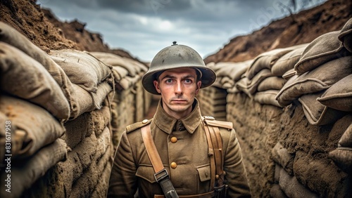 British soldier standing in a World War One trench, looking towards camera