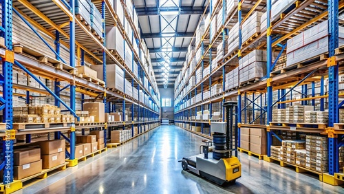 Stock photo of a modern warehouse setting with shelves stocked with merchandise for efficient inventory management, featuring barcode scanning equipment