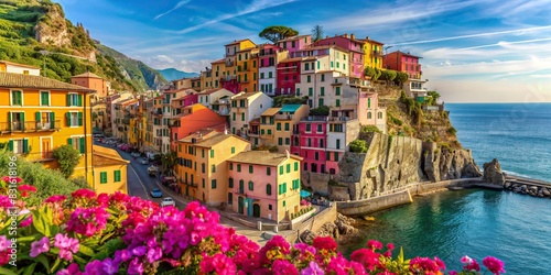 Beautiful coastal town in Italy with colorful terraced houses adorned with flowers overlooking the sea photo