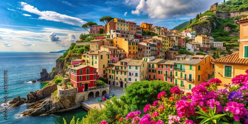 Beautiful coastal town in Italy with colorful terraced houses adorned with flowers overlooking the sea