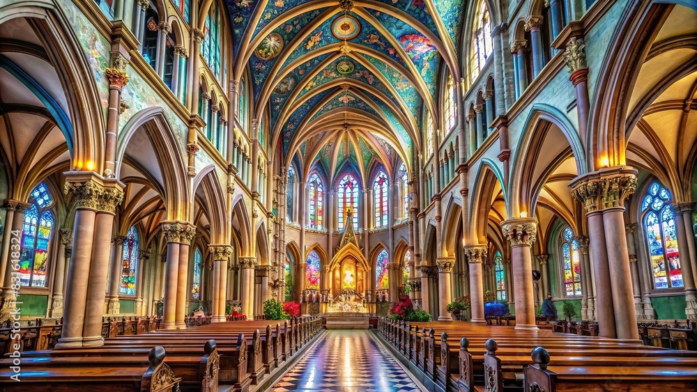 Gorgeous catholic cathedral interior with intricate stained glass windows and ornate columns