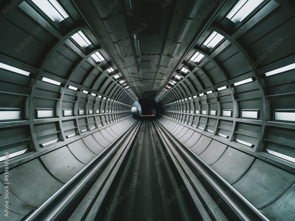 Futuristic, empty tunnel with moving walkway, evenly illuminated by spaced lights on metallic, industrial walls and ceiling. Futuristic, empty tunnel with moving walkway, evenly illuminated by spaced lights on metallic, industrial walls and ceiling.