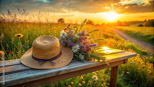 Straw hat and wild flowers on wooden bench in field at sunset