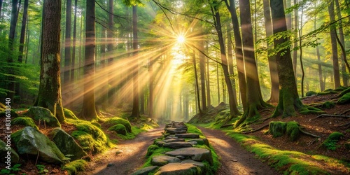 Dreamy woodland scene in Vermont with a mystical atmosphere created by the sun's rays shining through the trees onto a rocky path photo