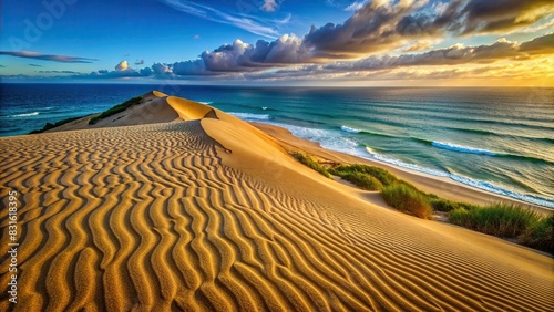 Sandy dune with intricate relief pattern overlooking emerald ocean