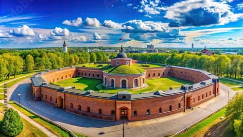 Description Panoramic view of Brest Hero Fortress Museum 5th Fort in Belarus with clear blue sky in the background photo