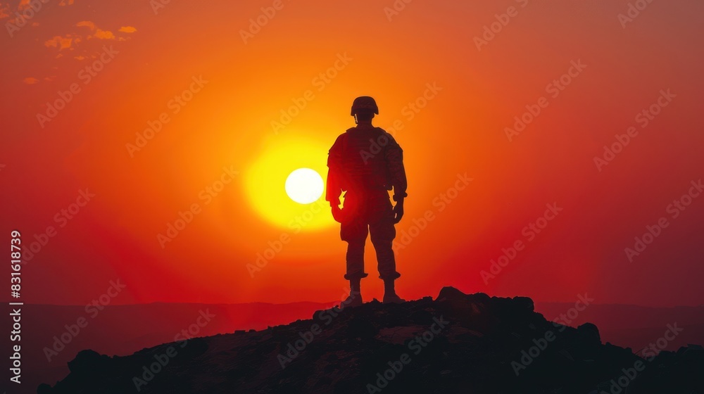 Soldier silhouette at sunset, standing on battlefield, representing courage and sacrifice in modern warfare