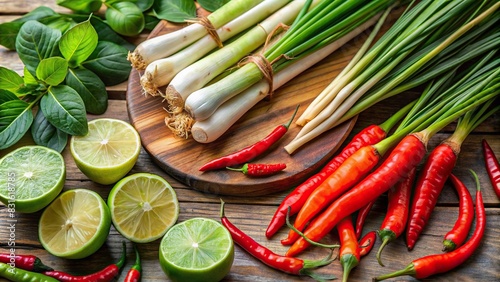 Assortment of fresh Thai ingredients for cooking, including lemongrass, kaffir lime leaves, and chili peppers photo