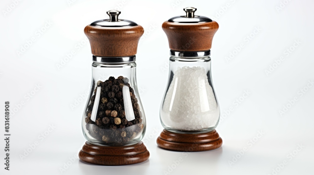 Two glass jars with salt and pepper shakers on a white background, spices for food Two glass jars with salt and pepper shakers on a white background, spices for food