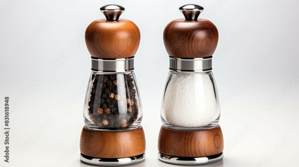 Two wooden pepper grinders with a glass container in between, spices for food Two wooden pepper grinders with a glass container in between, spices for food