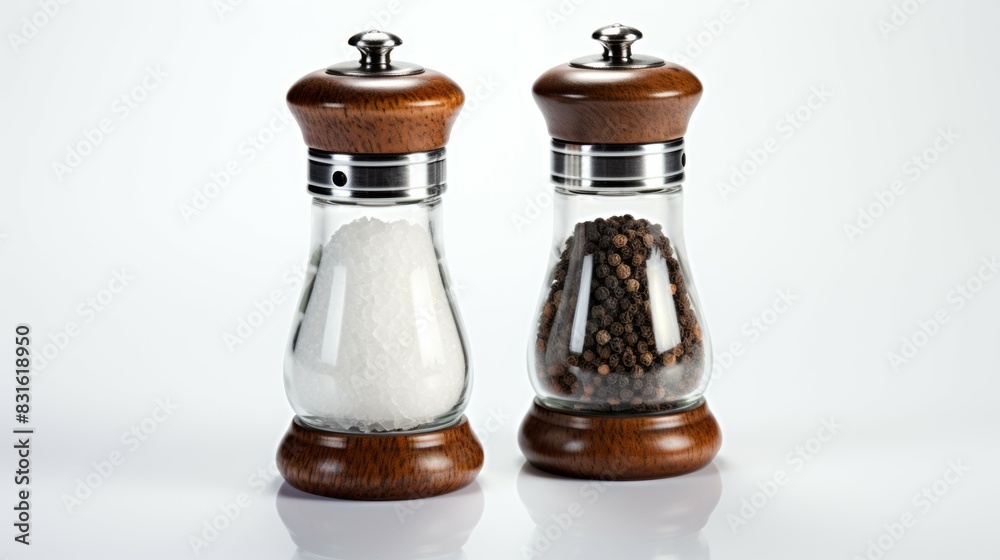Two wooden pepper shakers with salt and pepper inside, spices for food Two wooden pepper shakers with salt and pepper inside, spices for food