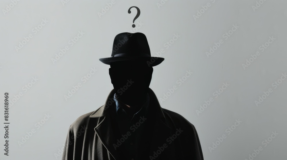 A man wearing a hat and a coat is standing in front of a wall, the concept of searching for a suspect in a crime A man wearing a hat and a coat is standing in front of a wall, the concept of searching for a suspect in a crime