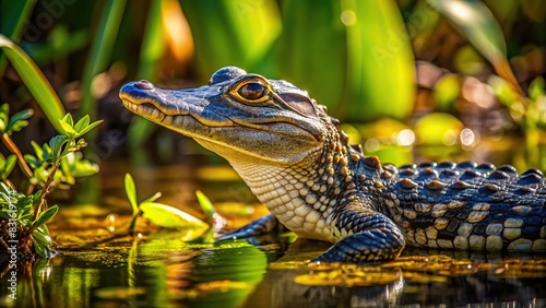 Baby Florida alligator sunning in a lush wetland habitat