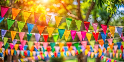 Colorful triangular flags hanging on strings in a blur background at an outdoor party celebration