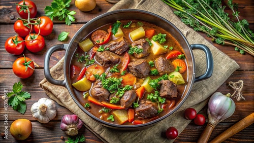 A beautifully presented Hungarian braised venison stew in a designer Dutch oven surrounded by fresh vegetables and herbs