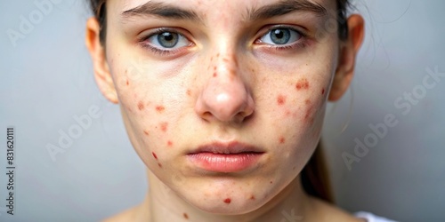 Closeup image of problem skin and acne, focusing on young woman's blemished face photo