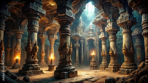 Mystical cavern with intricate ruins engraved on dark columns in underground temple photo