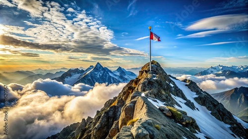 Scenic view of mountain peak with a climber's flag planted on the summit