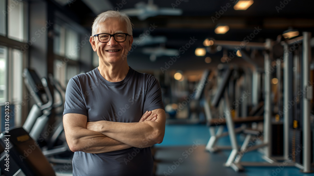 A Smiling Elderly Male standing in front of a Gym And Fitness Center