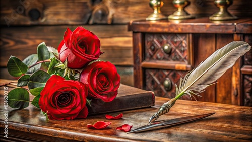 Detailed description 1 A romantic still life setup with red roses, a love letter, and a feather quill on an antique desk, symbolizing the enduring love story of Romeo and Juliet photo