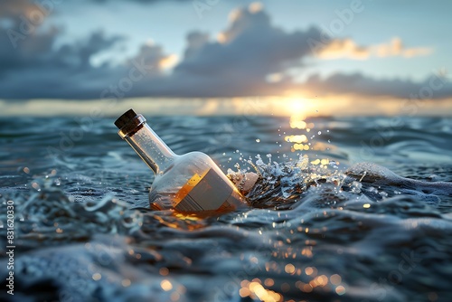 Conceptual image of a message in a bottle in the digital ocean photo