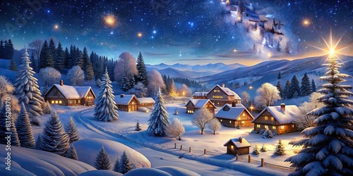 Winter wonderland wallpaper showing a snowy landscape with a charming village, snow-covered trees, and a starry night sky photo