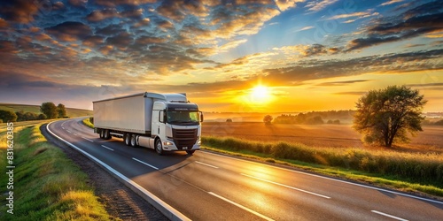 Truck driving on rural road at sunrise
