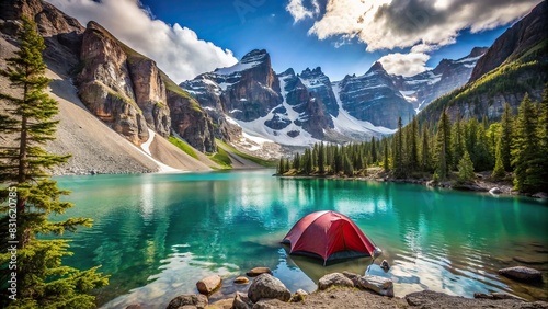 An isolated tent perched on the edge of a turquoise lake surrounded by towering snow-capped peaks, ideal for an adventure travel concept