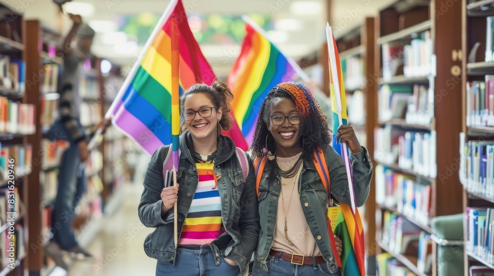 Obraz premium Two smiling individuals hold LGBTQ+ pride flags in a library, embracing diversity and celebrating inclusiveness.