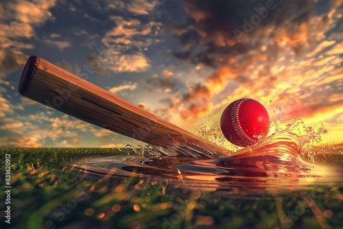 Cricket bat smashing a red ball, sending ripples through a grassy pitch under a dramatic sunset.