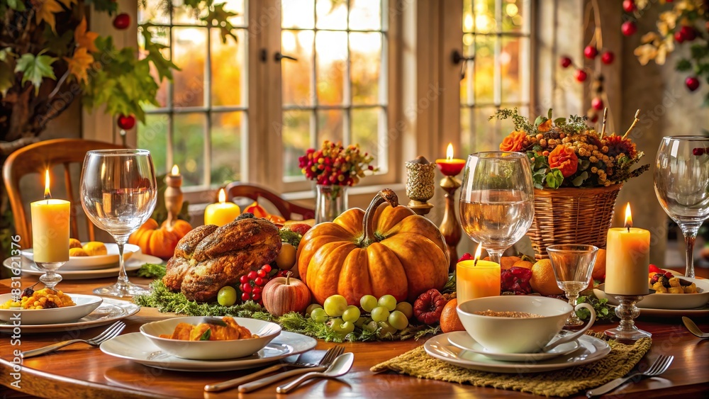 Thanksgiving dinner table setting with elegant decorations