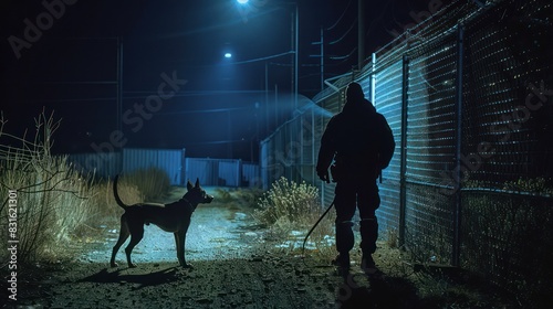 Silhouette male security man guard cop with a Doberman dog goes around the street on patrol at night.