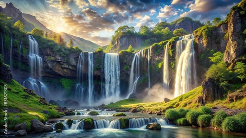 Majestic waterfall in a scenic landscape, created using Generative technology
