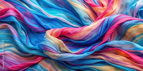Colorful abstract painting of flowing fabric with a blue and pink stripe photo