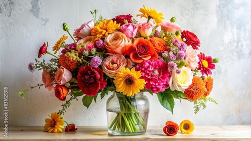 Vibrant floral bouquet arrangement with pink, red, orange, yellow, and white flowers in a vase against a white wall