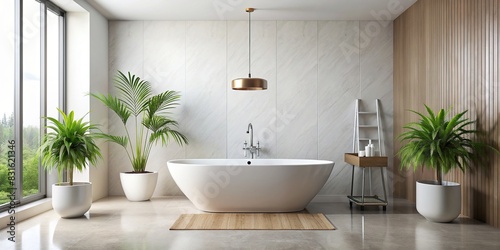 Minimalist modern bathroom interior with white bathtub  sink  silver faucet  brown vase  and small plant on white floor