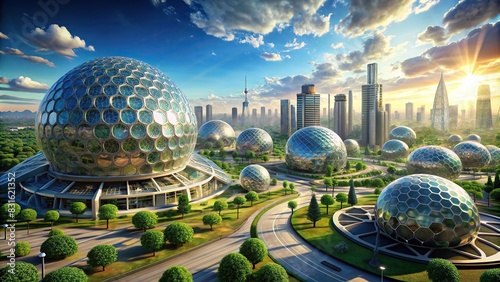 Futuristic urban center with Dyson sphere energy collectors photo