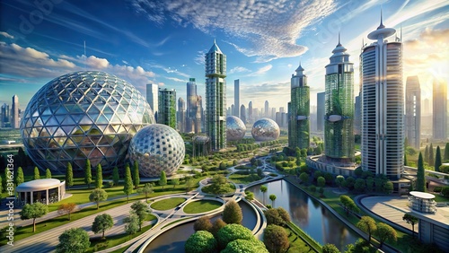 Futuristic urban center with Dyson sphere energy collectors photo