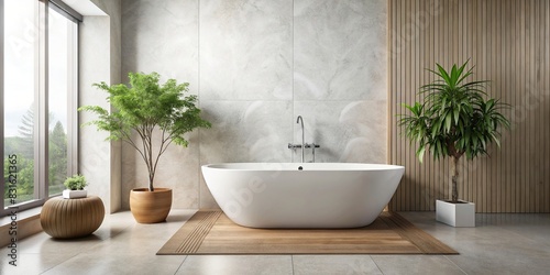 Minimalist modern bathroom interior with white bathtub  sink  silver faucet  brown vase  and small plant on white floor