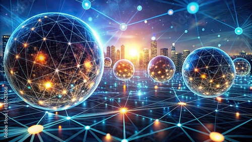 Futuristic technology concept with glowing orbs and complex digital network photo