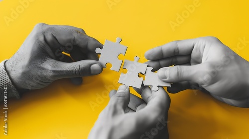 Closeup hands of man connecting jigsaw puzzle Business solutions success and strategy concept Black and white Two hands trying to connect couple puzzle with yellow background : Generative AI photo