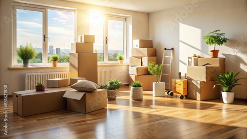 Cardboard boxes and belongings in an empty, sunlit apartment room © artsakon