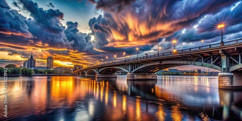 City bridge at twilight with dramatic clouds in the sky photo