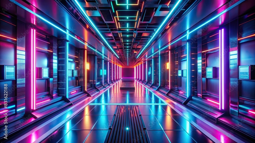 Futuristic corridor with neon lights in a generative futuristic interior