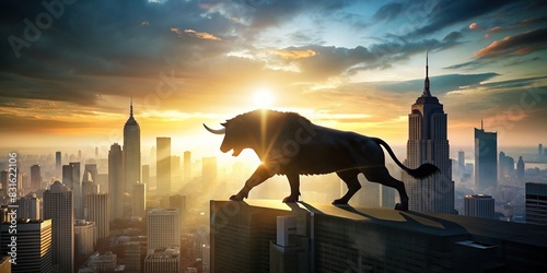 A powerful animal silhouette against a backdrop of city skyscrapers representing the strength and success of corporate entities photo