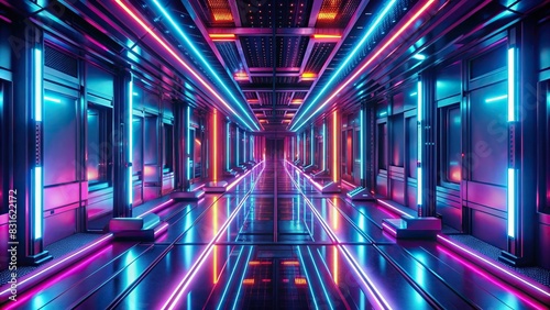 Futuristic corridor with neon lights in a generative futuristic interior