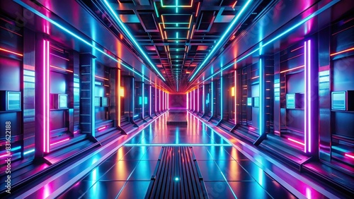 Futuristic corridor with neon lights in a generative futuristic interior