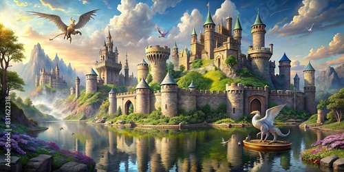 Ancient castle surrounded by a moat filled with dragons and unicorns photo