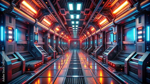 Futuristic alien spaceship corridor with glowing red lights and high-tech devices