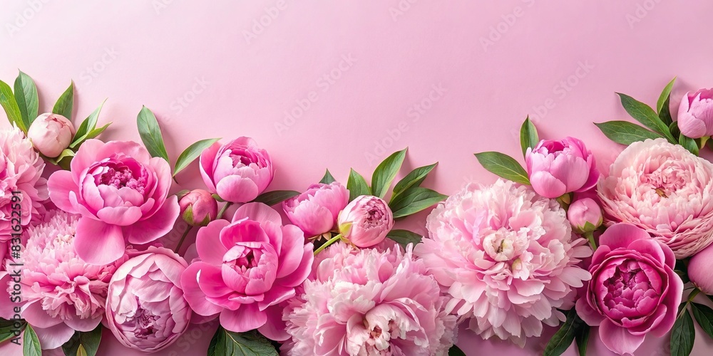Pink peony flower border on a soft pink background